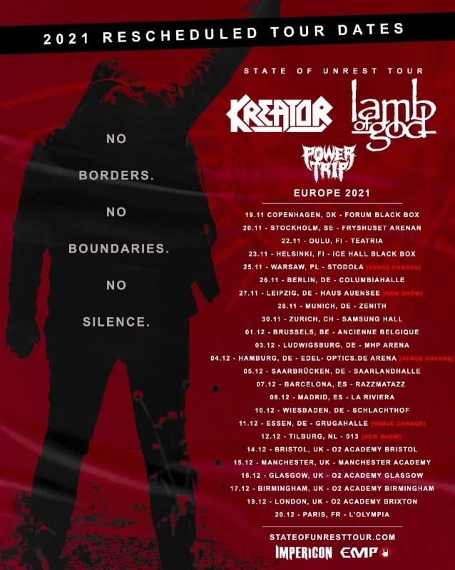 lamb of god kreator tour, LAMB OF GOD And KREATOR Announce Rescheduled European Tour Dates