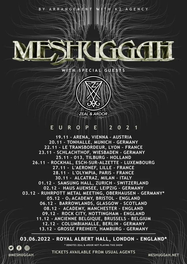meshuggah tour dates 2021, MESHUGGAH Announce 2021 European Tour Dates
