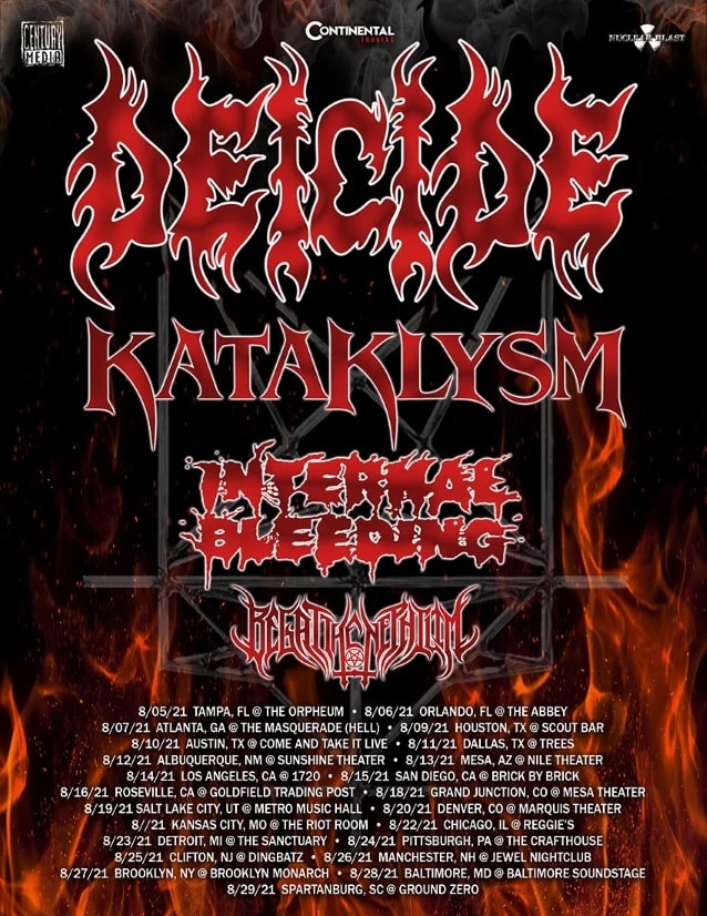 deicide 2021 tour dates, DEICIDE Announce Summer 2021 U.S. Tour With KATAKLYSM, INTERNAL BLEEDING