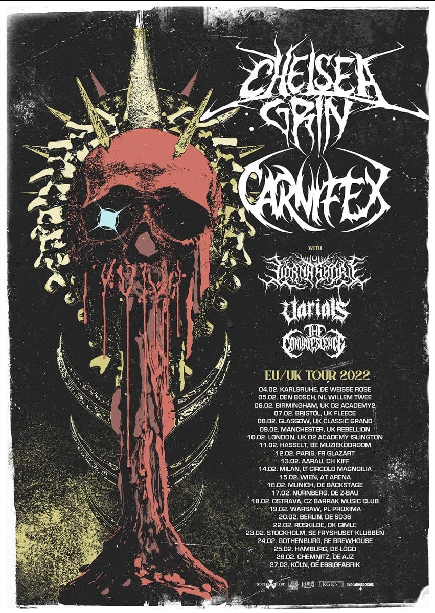 carnifex chelsea grin tour dates, CARNIFEX Announce Tour With CHELSEA GRIN, LORNA SHORE, VARIALS and THE CONVALESCENCE