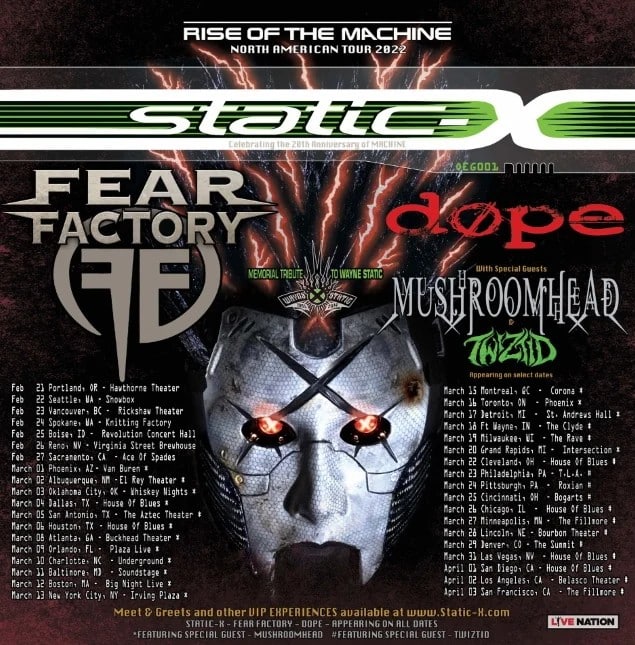 static x fear factory tour, STATIC-X Announce North American Tour With FEAR FACTORY, DOPE And MUSHROOMHEAD
