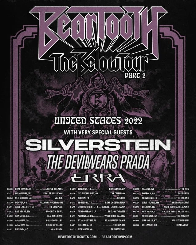 beartooth tour dates, BEARTOOTH Announce &#8216;The Below Tour Part 2&#8217; With SILVERSTEIN, THE DEVIL WEARS PRADA And ERRA