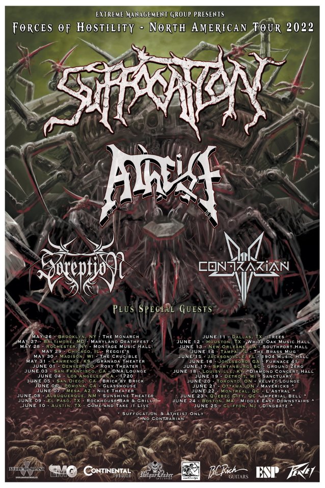 suffocation tour dates, SUFFOCATION Announce &#8216;Forces Of Hostility&#8217; 2022 North American Tour Dates With ATHEIST