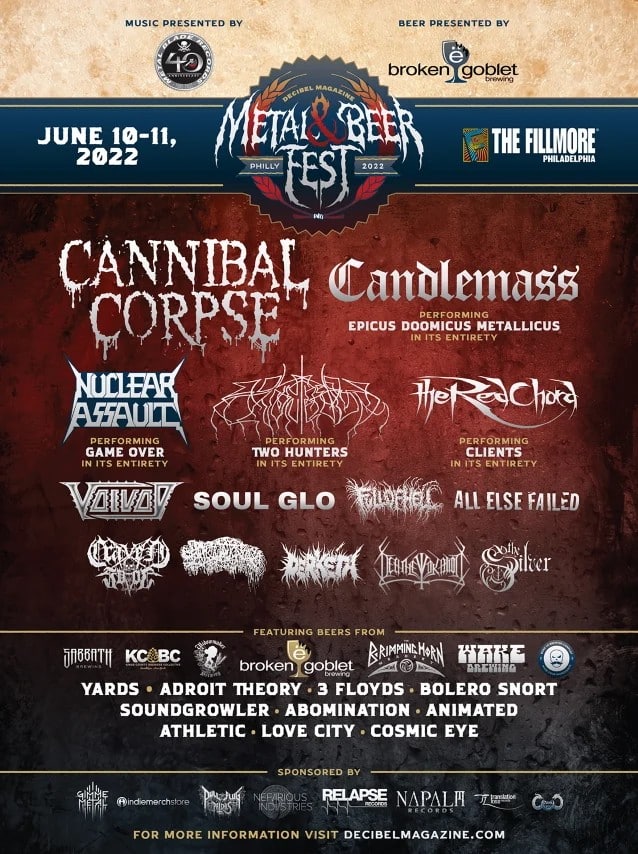 decibel metal and beer fest, CANNIBAL CORPSE Headlining &#8216;Decibel Magazine Metal &amp; Beer Fest: Philly&#8217; In June