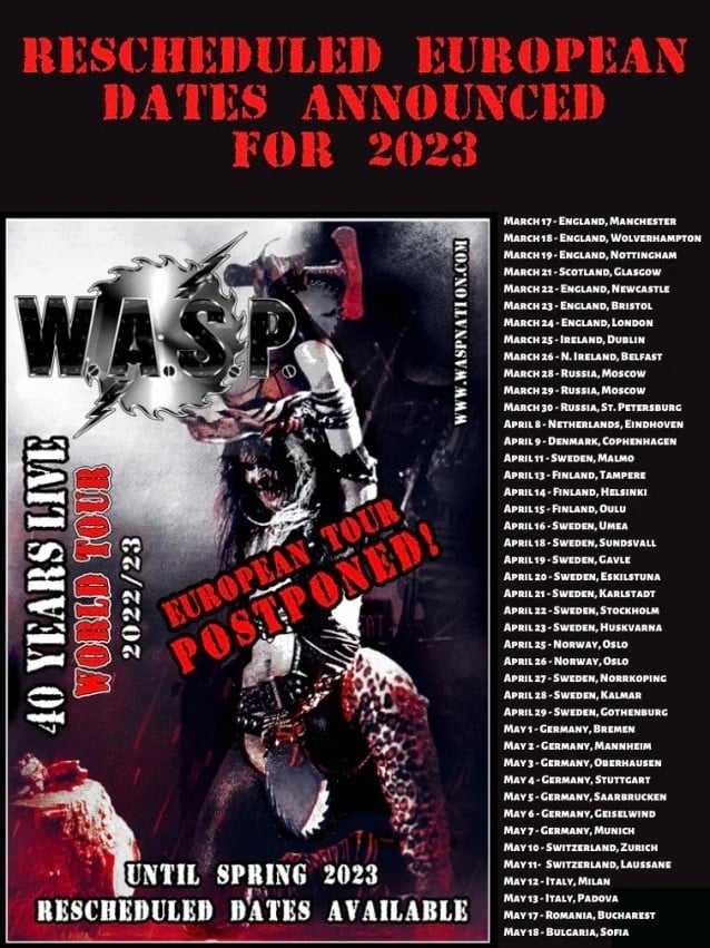 wasp european tour dates, W.A.S.P. Postpone European 40th-Anniversary Tour Dates Until 2023