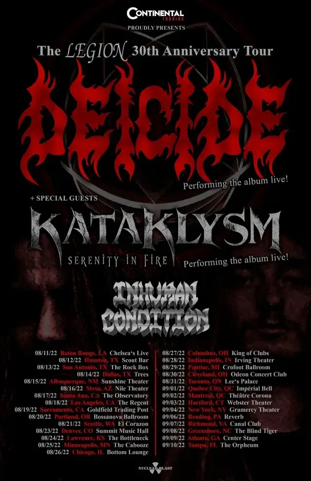 deicide kataklysm tour dates, DEICIDE Announce 2022 &#8216;Legion&#8217; 30th-Anniversary North American Tour With KATAKLYSM