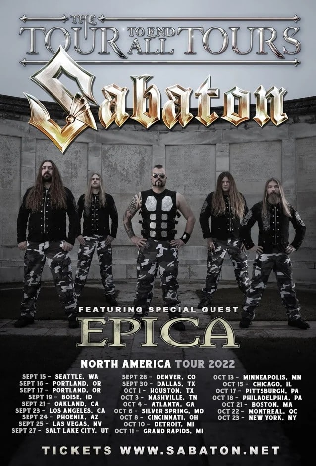 sabaton epica tour dates, SABATON Announce 2022 North American Tour With EPICA