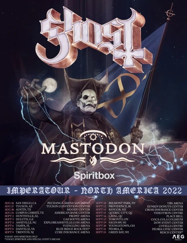 ghost 2022 tour dates, GHOST Announce Summer 2022 North American Tour With MASTODON And SPIRITBOX