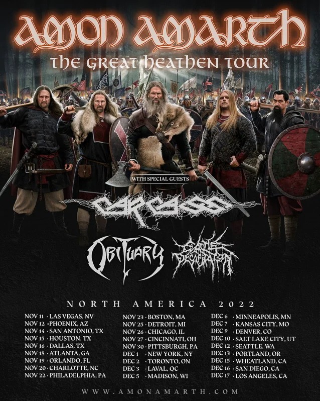 amon amarth great heathen tour dates, AMON AMARTH Announces 2022 North American Tour Dates With CARCASS, OBITUARY And CATTLE DECAPITATION