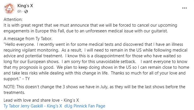 kings x european tour 2022, KING’S X Guitarist TY TABOR Diagnosed With Serious Illness; All European Shows Have Been Canceled