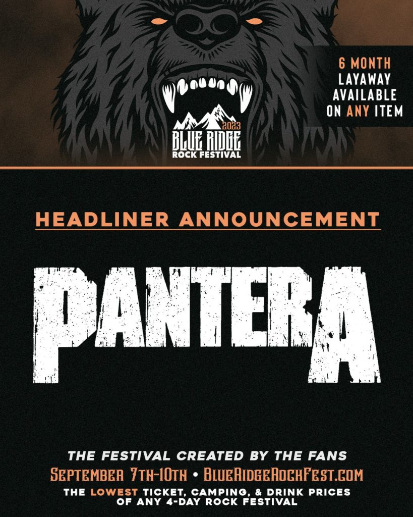 pantera,pantera tour,pantera tour 2023,pantera blue ridge rock festival,pantera tour dates,pantera setlist,blue ridge rock festival, PANTERA Announced As Co-Headliners For Next Year’s BLUE RIDGE ROCK FESTIVAL