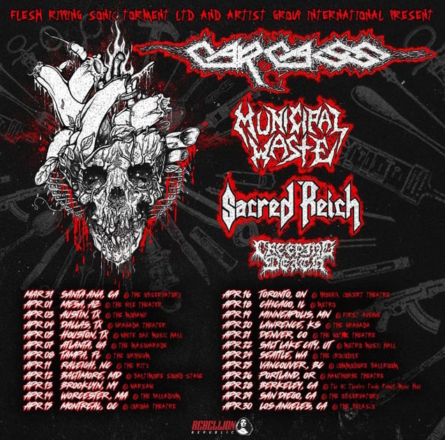 carcass,carcass tour,carcass tour dates 2023,carcass 2023 tour dates,carcass municipal waste tour, CARCASS Announce 2023 North American Tour Dates With MUNICIPAL WASTE, SACRED REICH And CREEPING DEATH